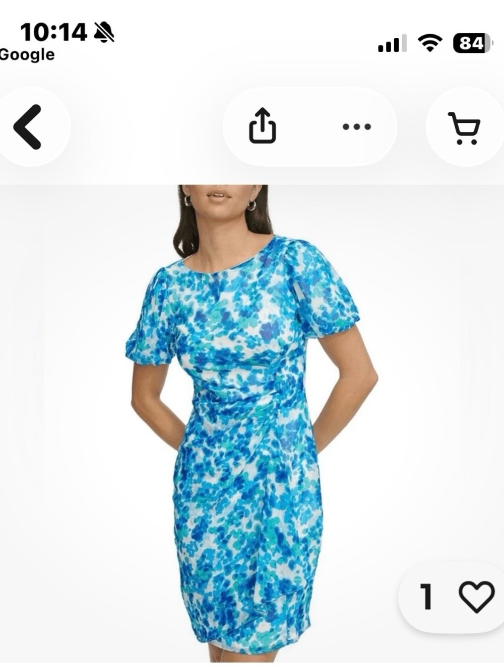 DKNY Blue Floral Midi Dress with Puff Sleeves